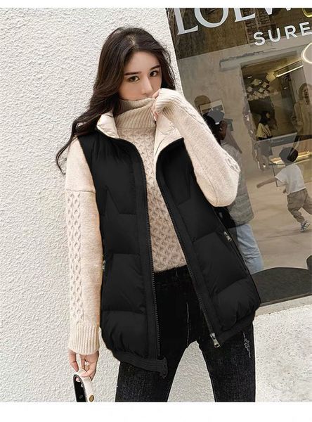 

stand neck sleeveless womens down solid color zipper loose warm vest casual sell women designer coats, Black