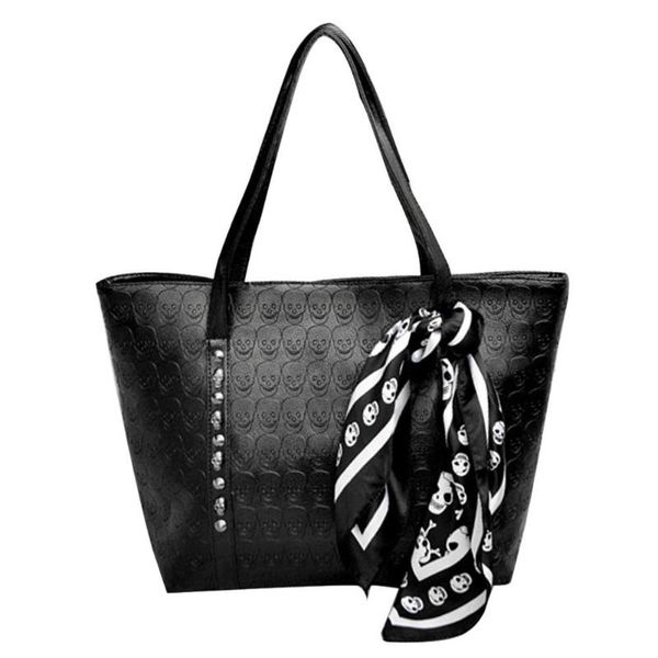 

women big pu leather handbag ladies skull printed rivet large shoulder bag+ scarf