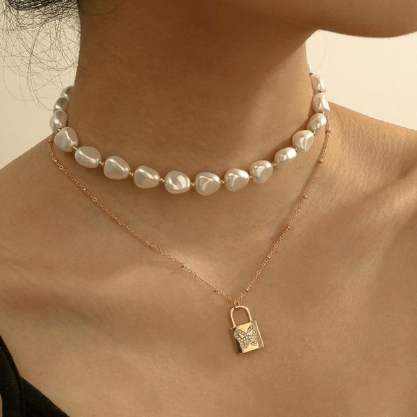 

vintage gold lock baroque irregular pearl crystal butterfly necklace for women fashion bohemia beads chain choker jewelry 2020, Silver