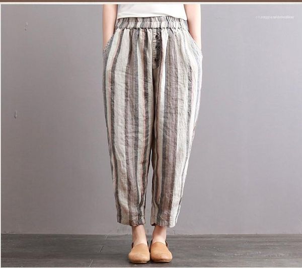 

fashion women pants designer womens harem pants mid waist striped print elastic waist loose pants spring summer, Black;white