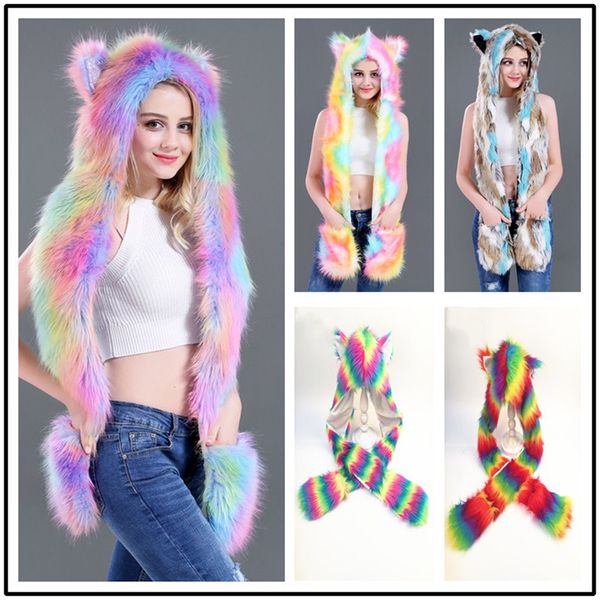 

multifunctional cartoon animal beanies and scarf faux fur hat with scarfs gloves ears and paws 3 in 1 warm hat costume, Blue;gray