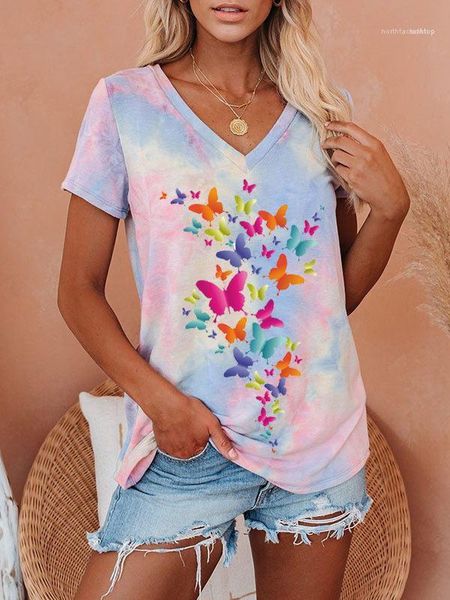 

tie dye fashion candy colors butterfly womens t-shirts summer v neck loose casual women t shirts, White