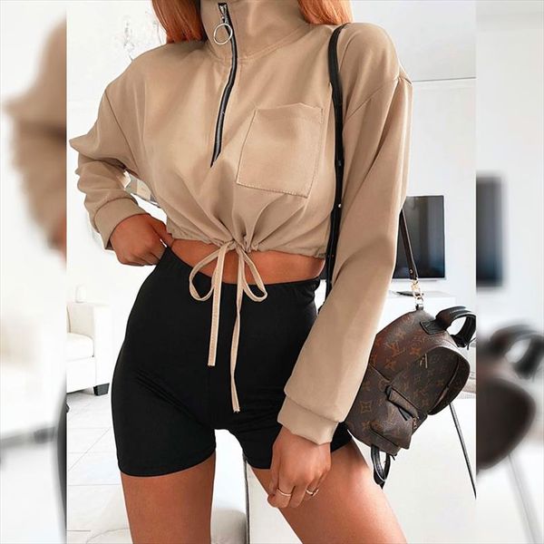 

2020 winter women short hoodies series autumn streetwear solid khaki black long sleeve pollover sweatshirt for women