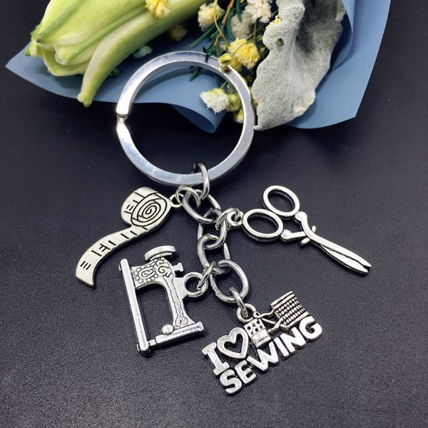 

retro tailor shop scissors sewing machine tape measure iron clothing designer keychain personality commemorative gift keychain, Silver