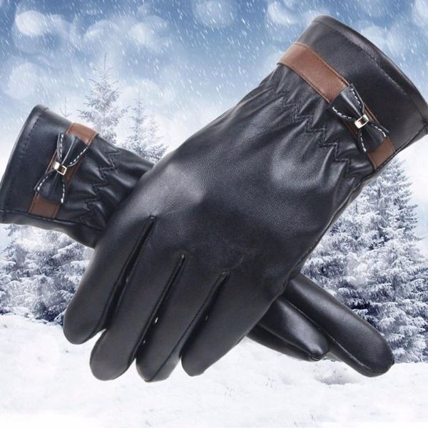 

women' bow touch screen leather gloves fashion winter warm leather driving soft lining gloves mitten cycling windproof, Blue;gray