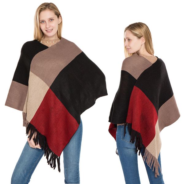 

lady's color contrast scarf in winter big plaid thickening poncho autumn women's black red coffee tassels warm shawl, Blue;gray