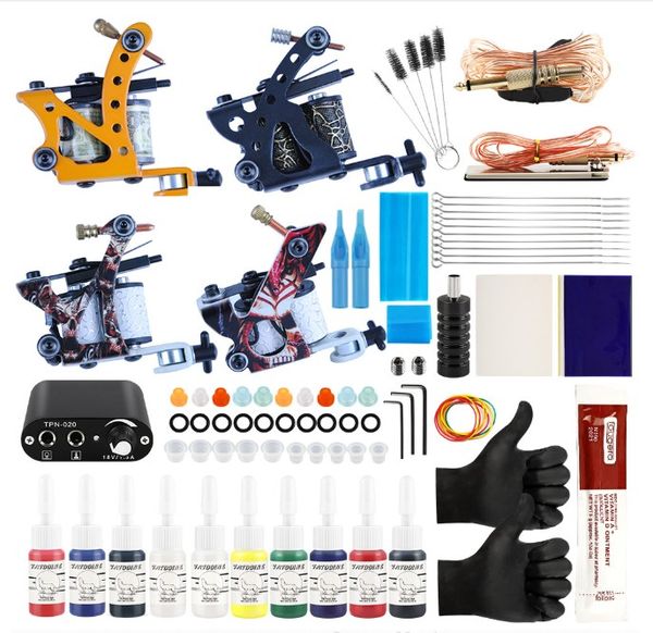 

professional complete tattoo kit tattoo machine 4pcs liner shader 10 color immortal ink set power box grip tip