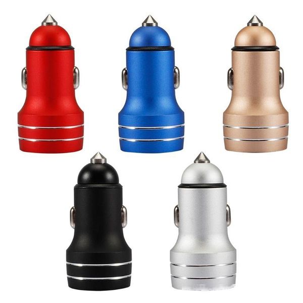 

1a/2.4a metal dual usb car charger smartphone fast charging device with blue led light adapter safety hammer