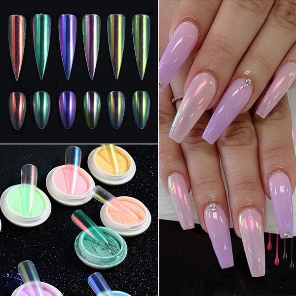 

1 box aurora gradient nail powder flakes coloful nail glitter pigment dust decoration manicuring accessory diy polish chrome, Silver;gold