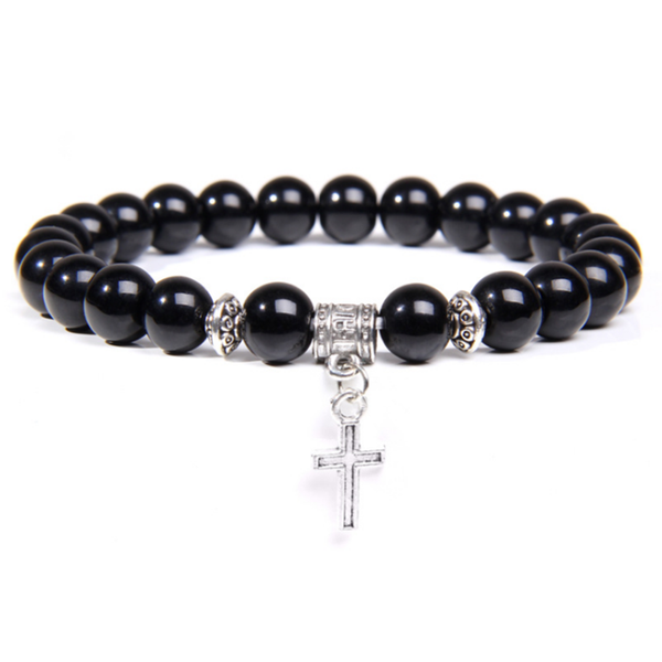 

beaded, strands silver plated cross connect black agates round beads elastic bracelet white howlite stone jewelry