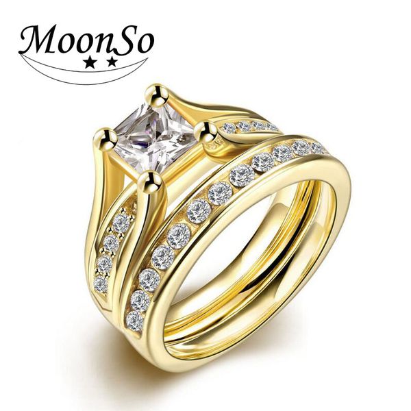 

cluster rings moonso stainless steel gold 6mm for women wedding engagement ring sets r3305, Golden;silver