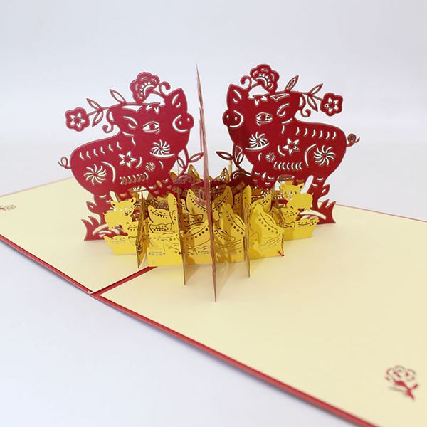 

happy new year 3d stereoscopic hollow red double pig festival blessing birthday greeting cards with envelope business postcard