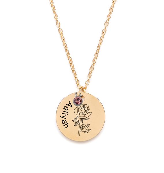 Nome personalizado disco de ouro moeda delicada gravada mês nascimento colares de flores para mulheres dia das mães, escola de volta, melhores amigos, presente de dama de honra