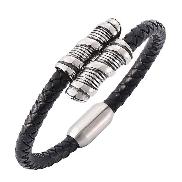 

bracelet men black leather bangles magnetic-clasp cowhide braided wrap trendy bracelets jewelry gifts pulsera hombre s772, Golden;silver
