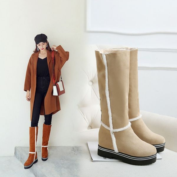 

womens flock knee high boots height increasing platform round toe winter snow boots slip-on women shoes drop shipping maziao, Black