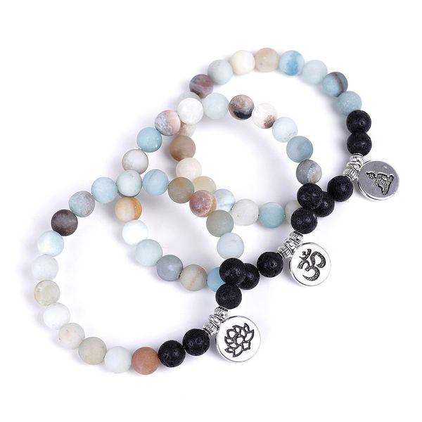 

frosted amazon beads strand bracelet lava stone beaded bracelets lotus om buddha charms yoga strench women men friendships jewelry, Black