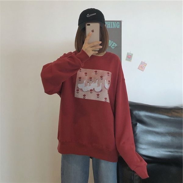 

2020 autumn/garden duck pullover pullovercoat pulloveraging loose cartoon printed round neck pullover sweater women's long sleeve coat, Black