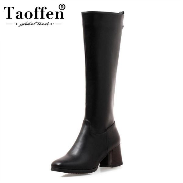 

boots taoffen size 32-46 women knee high warm fur zipper thick heel elegant mature shoes woman winter footwear, Black