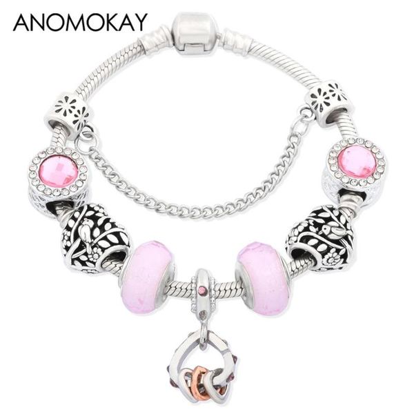 

charm bracelets anomokay lovely pink murano crystal bracelet forest bird heart bead diy love pendant femme, Golden;silver