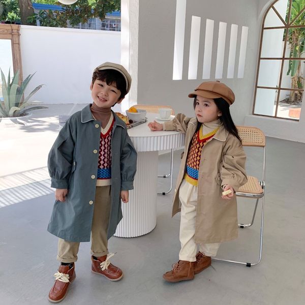 

korean style 2020 fashion boys and girls loose long trench coats children solid color oversized jackets 0927, Blue;gray