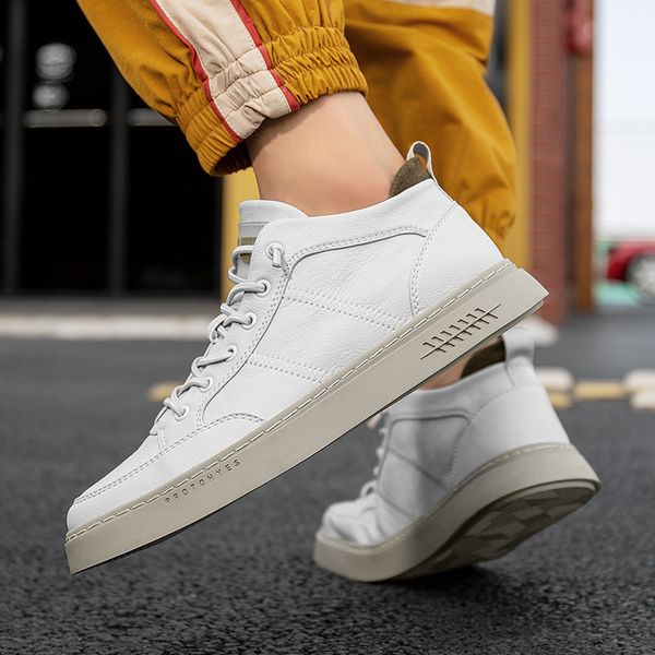 

men casual shoes high-sneakers male leather lace-up luxury trainers ankle boots autumn comfortable flat outdoor shoe fashion, Black