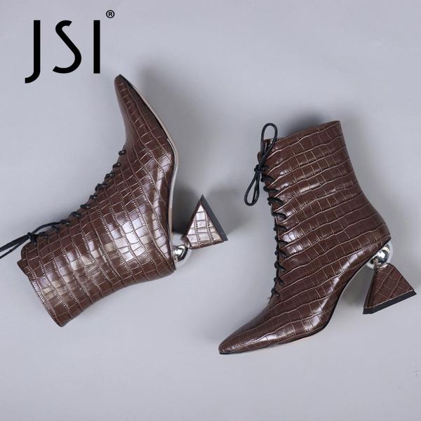 

jsi mid-calf winter checkered boots ladies genuine leather pointed toe cross-tied boots woman high strange heel c774, Black