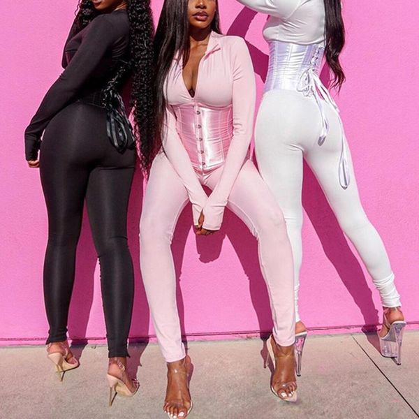 

autumn fashion women 2 piece outfits casual jumpsuits+bandage corset matching set activewear fitness skinny stretchy, Gray