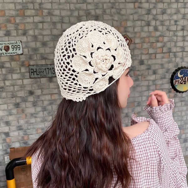 

2020 autumn women caps knitted beanie girl fashion fretwork hollow flowers hats caps retro lady beanies, Blue;gray