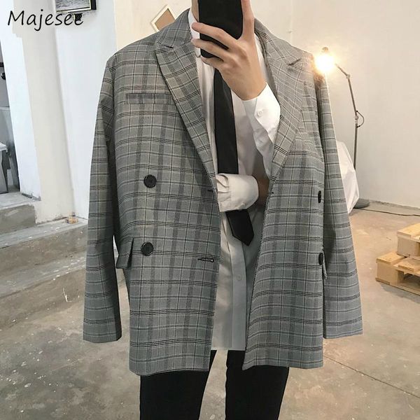 

blazers men plaid double breasted pockets oversize loose fashion casual ins british style mens suits streetwear all-match, White;black