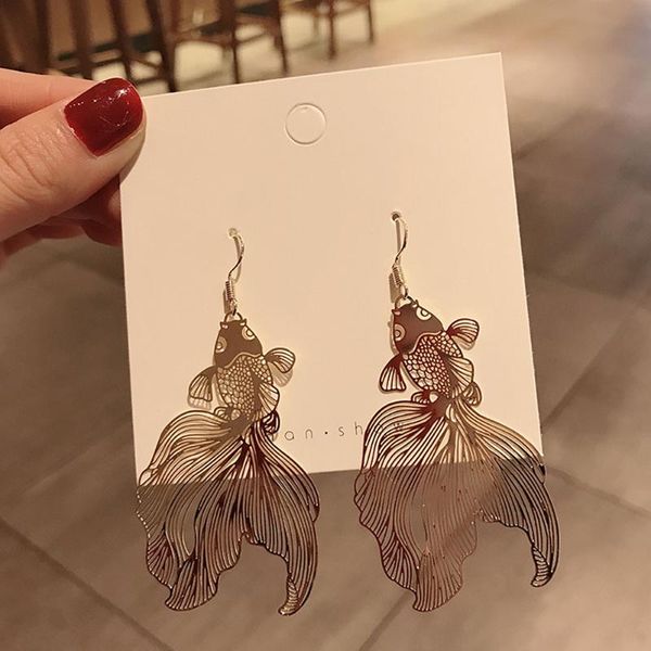 

1pair chinese style personality vintage goldfish metal love dangle earrings fashion temperament ladies jewelry accessories, Silver