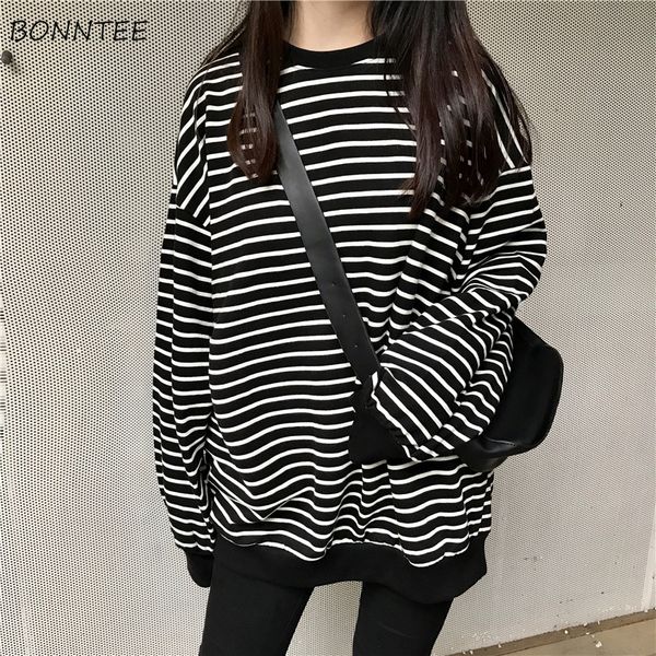 

hoodies women 2020 retro trendy loose striped long style leisure womens pullover o-neck full sleeve korean ladies sweatshirts, Black