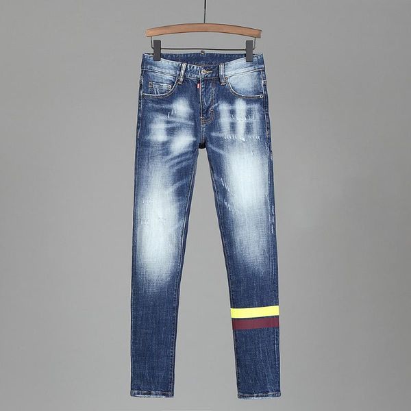 

european nightclub style brand blue mens stretch jeans men denim trousers patchwork slim blue jeans pencil pants for men 238