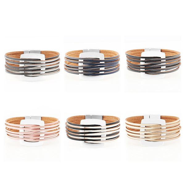 

charm bracelets multilayer genuine leather alloy handmade simple chic bangle magnet buckle wide wrap bracelet jewelry women, Golden;silver