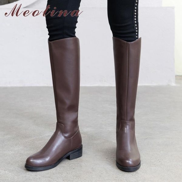 

meotina западная boots женская обувь натуральной кожи середины пятки леди длинные сапоги пряжка zipper блок каблуки колено high brown размер, Black