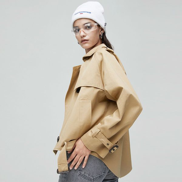 

windbreaker short loose leisure safari style loose coat spring and autumn trench woman 9018, Tan;black