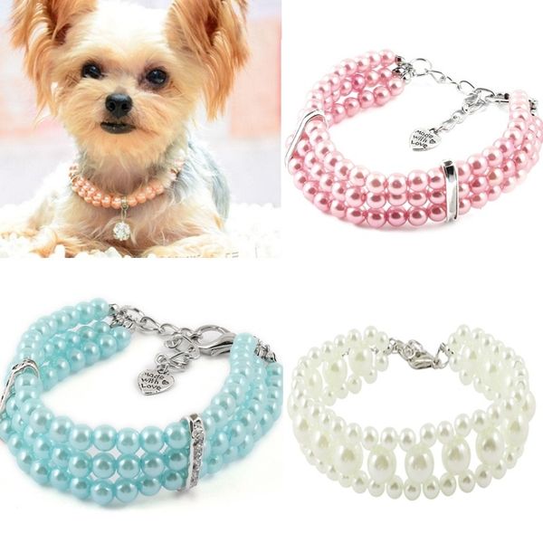 

50pcs three rows pearl linked beads pet dog heart pendant puppy collar necklace ring