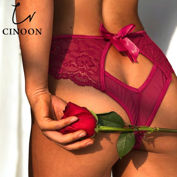 

cinoon women panties g string lace hollow out lingerie femal briefs amazing underwear bow transparent knickers  l, Black;pink
