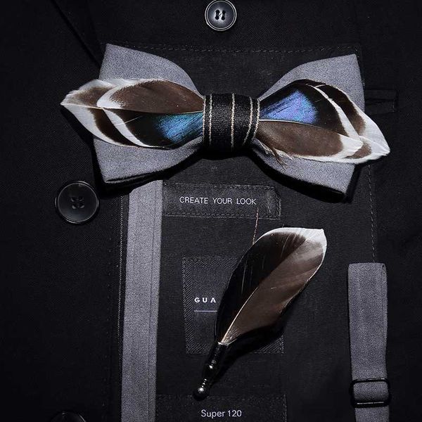

new fashion male men's female high-end feather 6 color wedding party business export male bow tie brooch set, Blue;purple