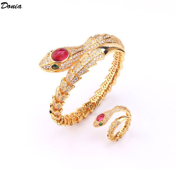 

donia jewelry european and american popular ruby sapphire snake shaped micro inlaid zirconia bracelet set designer bracelet ring set, Black