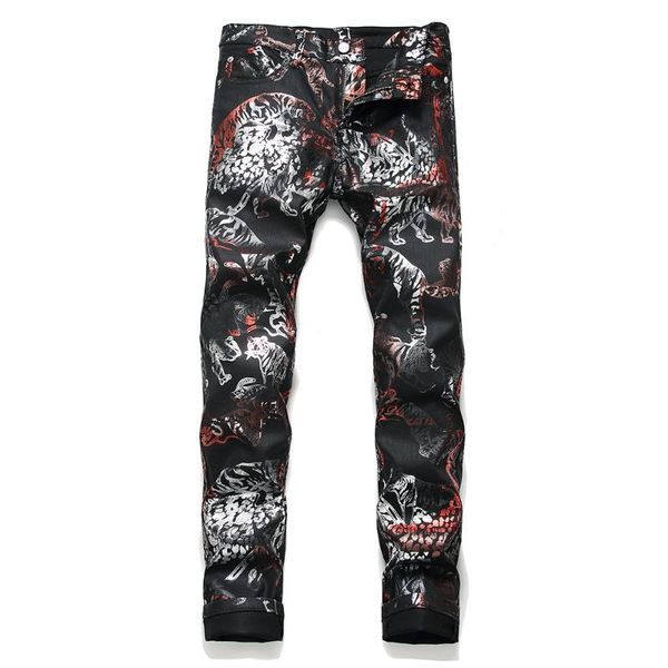 

new fashion trend printing casual pants men's slim flower pants european fashion pu men trousers summer spring autumn streetwear, Blue