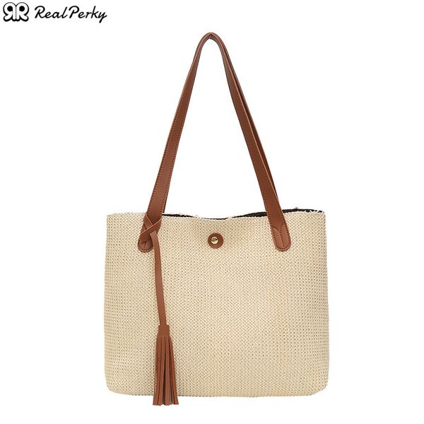 

solid color fashion new women tassel straw bags female handmade woven beach bags handbags ladies summer casual shoulder bag tote