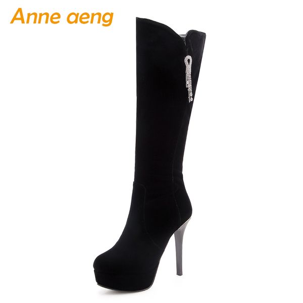 

2020 new winter women knee-high boots high thin heel zipper crystal ladies women platform shoes black warm boots big size