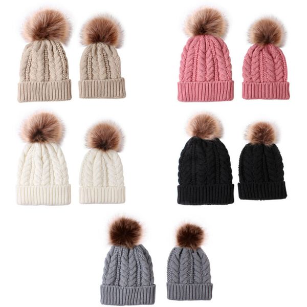 

women mother daughter matching knitting pom beanies bobble hat kids adults skullies winter warm beanie cap, Blue;gray