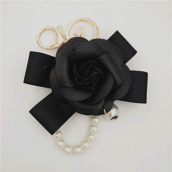 

leather camellia flower keychain keyring for women leather flower bag charm glass pearl key chain gold car keyrings, Silver