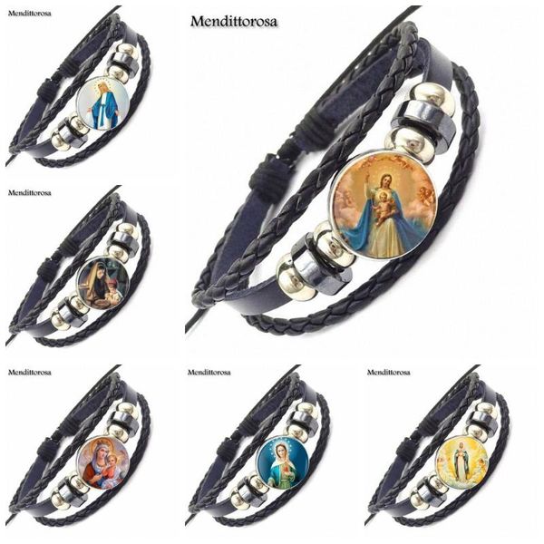 

charm bracelets for women girls black leather bracelet bangle round glass cabochon friendship gift jewelry blessed virgin mary, Golden;silver