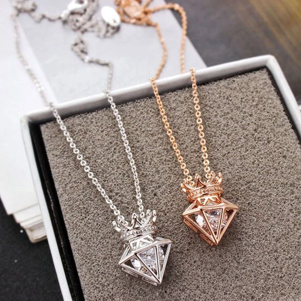 

luxury blink rhinestone crown stereo rhombus pendant short crystal necklace modern design party choker for women 2 color choose, Silver