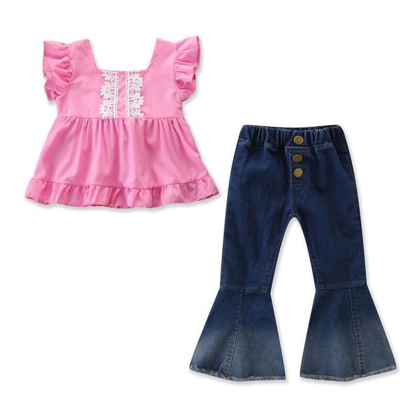 

children baby girl pink sleeveless the cowboy bell-bottom trousers outfits clothing 2pcs cotton girls suits kg-384, White