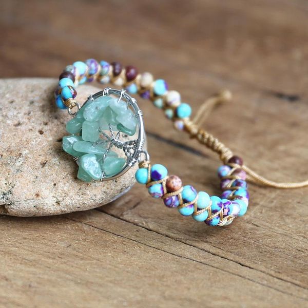 

charm bracelets tree of life bracelet for women men handmade jewelry boho yoga chakra imperial stone beads string braided wrap, Golden;silver