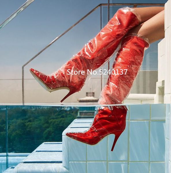 

european fashion transparent pvc red women knee-high boots pointed toe slip-on thin heel rain boots for women, Black