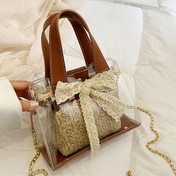 

женщины моды пвх прозрачный соломы вязаные сумки lady elegant clear jelly bow цепи засов посланник сумка новая